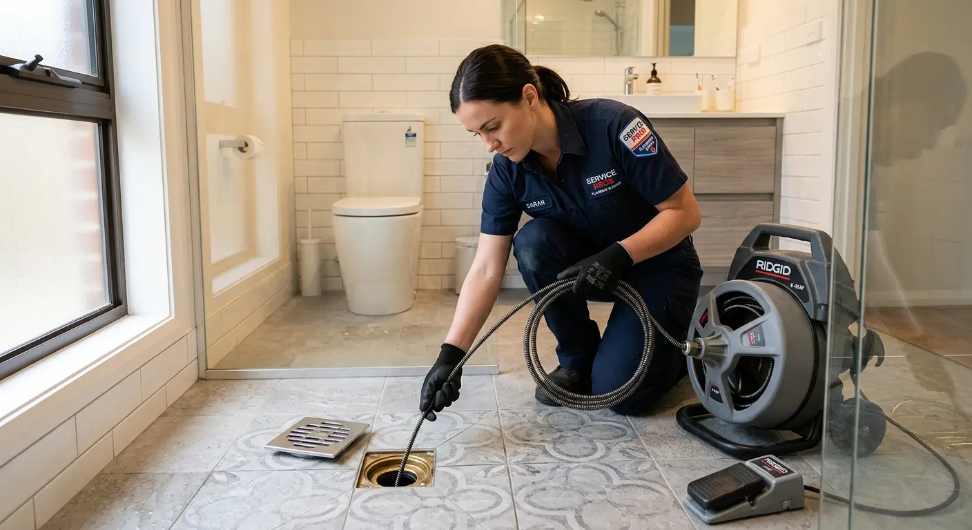 Technician clearing a bathroom floor drain for Drain Repair in Blairstown